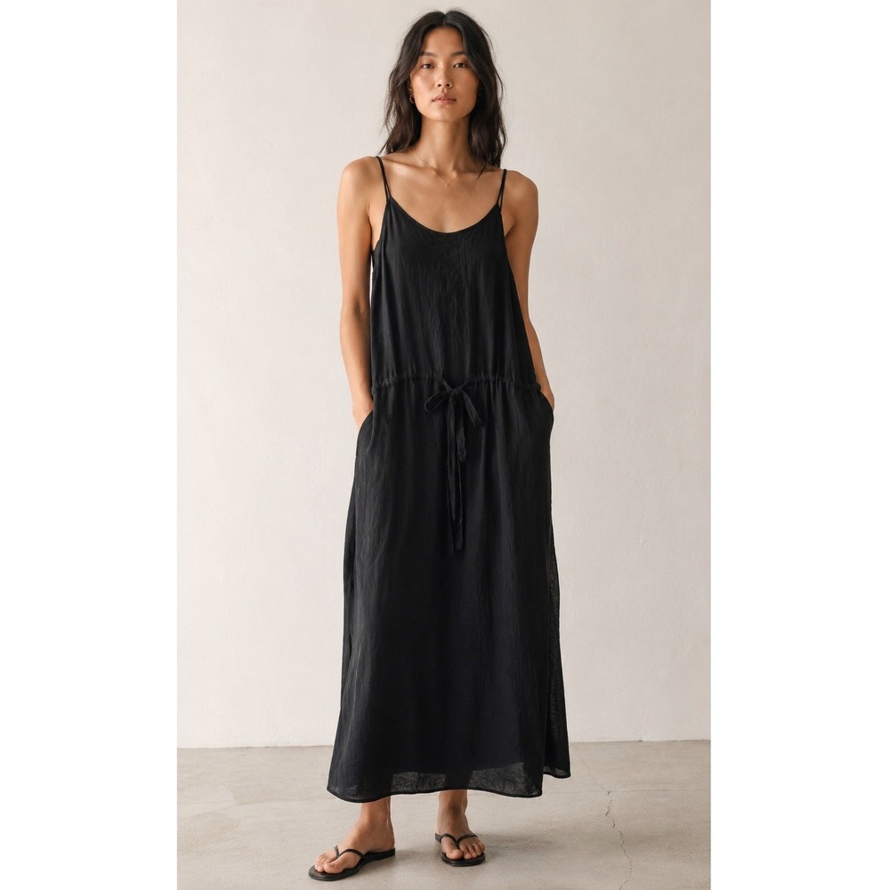 No.6 Store Black 100% Silk Crepe Midi Dress Size 1 Spaghetti Strap Tie Waist USA